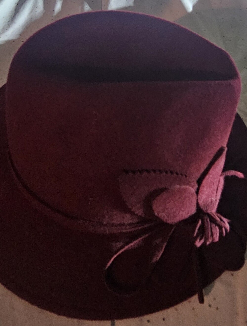 Stetson Burgundy Wool Felt Cloche with Bow Accent